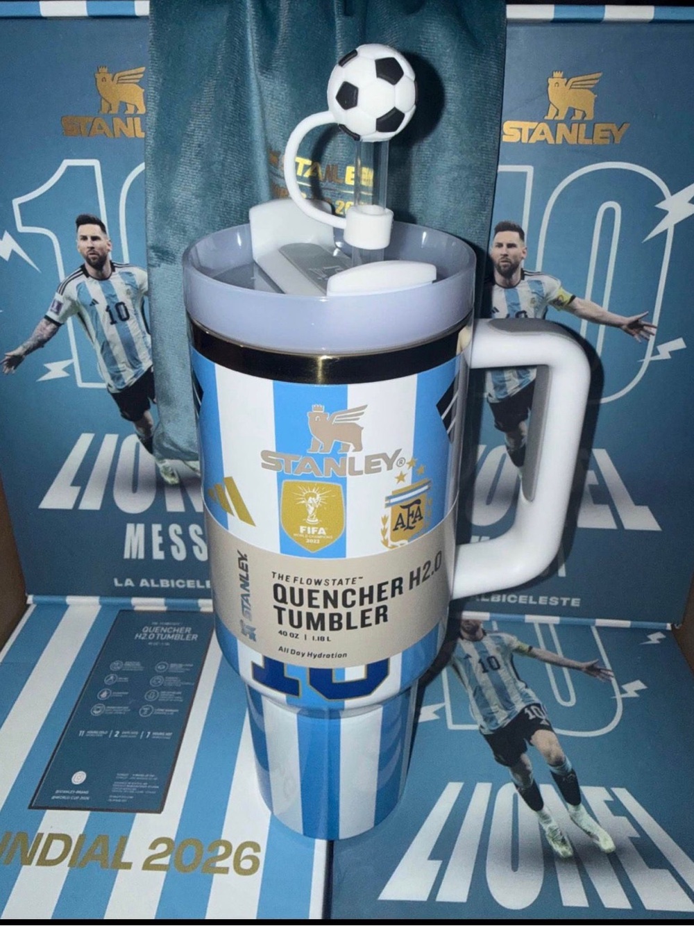 Stanley Light Blue & White Argentina Stripe Quencher Tumbler with Soccer Straw